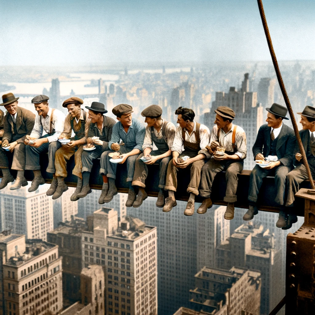 Construction workers eating lunch on a steel beam high above New York City, 1932